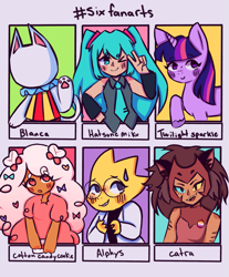 Size: 1561x1885 | Tagged: safe, artist:virtualmotel, twilight sparkle, cat, human, unicorn, anthro, g4, alphys, animal crossing, anthro with ponies, blanca, blushing, bow, bust, catra, clothes, cookie run, cotton candy cookie, crossover, female, glasses, hair bow, hatsune miku, mare, one eye closed, paw pads, paws, peace sign, raised hoof, she-ra and the princesses of power, six fanarts, sweat, underpaw, undertale, unicorn twilight, vocaloid, waving, wink