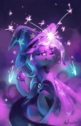Size: 2650x4096 | Tagged: safe, artist:anticular, trixie, pony, unicorn, g4, female, floppy ears, glowing horn, high res, horn, looking at you, magic, mare, one eye closed, smiling, smoke, smoke bomb, solo, wink