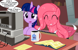 Size: 2577x1670 | Tagged: safe, artist:badumsquish, derpibooru exclusive, princess luna, twilight sparkle, oc, oc:amy zon, alicorn, mimic, mimic pony, monster pony, original species, amazon.com, apple ii, basement, book, box, coffee, coffee mug, computer, cute, delivery, desk, dialogue, drool, eyes closed, fangs, female, golden oaks library, grin, laboratory, mug, open mouth, paper, show accurate, sitting, smiling, talking, twilight sparkle (alicorn)