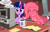 Size: 2577x1670 | Tagged: safe, artist:badumsquish, derpibooru exclusive, princess luna, twilight sparkle, oc, oc:amy zon, alicorn, mimic, mimic pony, monster pony, original species, pony, g4, amazon.com, apple ii, basement, book, box, coffee, coffee mug, computer, cute, delivery, desk, dialogue, drool, eyes closed, fangs, female, golden oaks library, grin, laboratory, mug, open mouth, paper, show accurate, sitting, smiling, talking, tongue pony, twilight sparkle (alicorn)