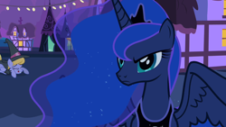 Size: 1280x720 | Tagged: safe, screencap, cloud kicker, princess luna, alicorn, pony, g4, luna eclipsed, season 2, clothes, costume, determined, house, lights, night, nightmare night, ponyville, royalty, serious, serious face, song in the description, youtube link in the description