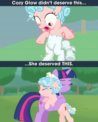Size: 640x800 | Tagged: safe, artist:chubbypug, edit, cozy glow, twilight sparkle, alicorn, pegasus, pony, g4, the ending of the end, a better ending for cozy, argument in the comments, belly, caption, comments locked down, cozy deserved this, cozy glow drama, cozybetes, cozybuse, cozylove, crying, cute, drama, duo, female, forgiveness, good end, hug, image macro, meme, op has a point, op is a duck but has a point, op is trying to start shit, op started shit, petrification, punishment, reformed, text, twilight sparkle (alicorn)