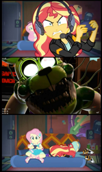 Size: 575x965 | Tagged: safe, edit, edited screencap, screencap, fluttershy, sunset shimmer, oc, equestria girls, g4, my little pony equestria girls: better together, angry, animator's hell, animatronic, converse, female, five nights at freddy's, fnaf oc, lunaticplushtrap, rageset shimmer, scott cawthon, shoes, sunset shimmer frustrated at game, white eyes