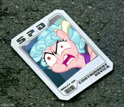 Size: 536x465 | Tagged: safe, screencap, cozy glow, pegasus, pony, g4, school raze, caption, containment card, cozy glow is best facemaker, female, image macro, power rangers, power rangers spd, solo, text