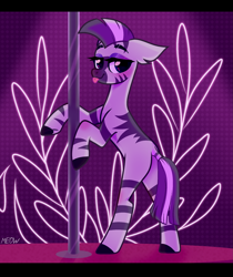 Size: 1911x2271 | Tagged: safe, alternate version, artist:al-lat, zecora, pony, zebra, g4, bedroom eyes, bipedal, blushing, butt, commission, eyeshadow, female, makeup, plot, pole, raised hoof, solo, stage, stripper, stripper pole, tongue out, ych result