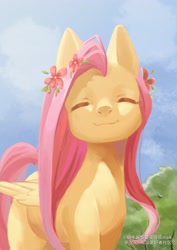 Size: 2480x3508 | Tagged: dead source, safe, artist:蜗牛酱想要变得很man, fluttershy, pegasus, pony, g4, cute, eyes closed, female, flower, flower in hair, high res, mare, shyabetes, smiling, solo
