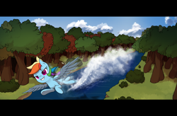 Size: 9000x5915 | Tagged: safe, artist:thehuskylord, rainbow dash, pegasus, pony, g4, absurd resolution, bush, cloud, female, flying, forest, forest background, outdoors, river, scenery, shading, smiling, solo, splash, spread wings, tree, water, wings