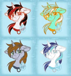 Size: 3000x3200 | Tagged: safe, artist:banoodle, lyra heartstrings, shining armor, oc, oc:blackjack, oc:littlepip, fallout equestria, fallout equestria: project horizons, g4, collar, enamel pin, fanfic art, gleaming shield, high res, multiple variants, pet, rule 63