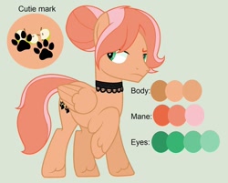 Size: 1280x1029 | Tagged: safe, artist:dawnthebarrel, artist:persephoneiabases, oc, oc only, oc:peach, pegasus, pony, g4, base used, choker, color palette, cutie mark, green background, male, offspring, parent:big macintosh, parent:fluttershy, parents:fluttermac, paw prints, pegasus oc, reference sheet, simple background, solo, stallion, wings