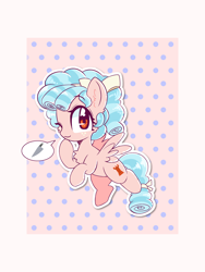 Size: 1900x2533 | Tagged: safe, alternate version, artist:blurry-kun, cozy glow, pegasus, pony, g4, bow, commission, commissioner:reversalmushroom, female, filly, flying, hair bow, knife, looking at you, one eye closed, tail bow, wink, winking at you
