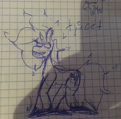 Size: 3057x3023 | Tagged: safe, artist:wata, oc, oc only, oc:wata, pony, unicorn, cyrillic, graph paper, high res, scared, sketch, solo, traditional art, translated in the comments