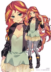 Size: 3541x5016 | Tagged: safe, artist:瑞博, sunset shimmer, equestria girls, anime, boots, breasts, cleavage, clothes, cute, female, high heel boots, jacket, jeans, leather jacket, looking at you, pants, shimmerbetes, shoes, solo