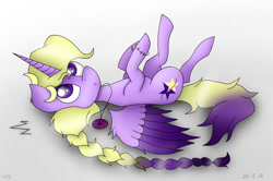 Size: 1084x720 | Tagged: safe, artist:saladstarry, oc, oc only, oc:star heart, alicorn, pony, alicorn oc, braid, gradient background, horn, jewelry, lying down, necklace, on back, solo, two toned wings, unshorn fetlocks, wings