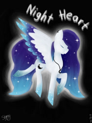 Size: 720x960 | Tagged: safe, artist:saladstarry, oc, oc only, oc:night heart, pegasus, pony, black background, ethereal mane, eyes closed, pegasus oc, raised hoof, signature, simple background, solo, starry mane, starry wings, wings