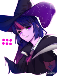 Size: 1080x1440 | Tagged: dead source, safe, artist:erikaaaa, twilight sparkle, human, equestria girls, g4, bust, female, hat, humanized, portrait, smiling, solo, witch hat