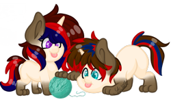 Size: 1817x1080 | Tagged: safe, artist:silentwolf-oficial, oc, oc only, dog, dog pony, pony, :p, ball, chibi, duo, horn, simple background, tongue out, transparent background