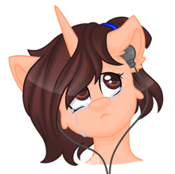 Size: 1080x1073 | Tagged: safe, artist:silentwolf-oficial, oc, oc only, pony, unicorn, bust, crying, ear fluff, earbuds, frown, horn, simple background, solo, transparent background, unicorn oc