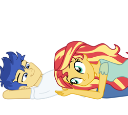 Size: 1280x1152 | Tagged: safe, artist:gmaplay, flash sentry, sunset shimmer, equestria girls, g4, arm behind head, blue eyes, blue hair, clothes, female, happy, in love, looking down, looking up, lying down, male, multicolored hair, on back, ship:flashimmer, shipping, shirt, simple background, smiling, straight, t-shirt, transparent background, vector, yellow skin