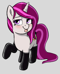 Size: 572x701 | Tagged: safe, artist:heretichesh, oc, oc only, oc:zew, pony, unicorn, blushing, clothes, female, filly, latex, latex socks, mlem, silly, simple background, socks, solo, sultry, tongue out