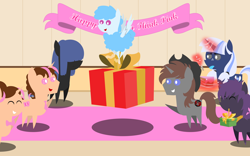 Size: 6400x4000 | Tagged: safe, artist:steampunk-brony, oc, oc:curly mane, oc:loveless nova, oc:neigh sayer, oc:pink rose, oc:silverlay, oc:steamy, oc:think pink, earth pony, original species, pony, umbra pony, unicorn, absurd resolution, banner, birthday, cake, food, fork, magic, pointy ponies, present, tongue out
