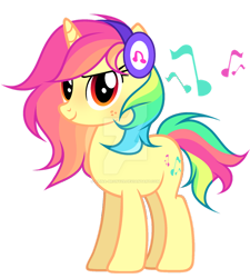 Size: 1024x1137 | Tagged: safe, artist:mint-light, oc, oc only, pony, unicorn, confident, deviantart watermark, eyelashes, freckles, headphones, horn, looking at you, multicolored hair, music notes, obtrusive watermark, rainbow hair, simple background, smiling, smiling at you, solo, tomboy, transparent background, unicorn oc, watermark