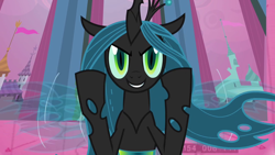 Size: 1280x720 | Tagged: safe, screencap, queen chrysalis, changeling, changeling queen, a canterlot wedding, g4, animation error, evil grin, female, give us the kingdom, grin, happy, numbers, raised hooves, smiling, smiling at you, solo, triumphant, victorious villain