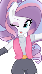 Size: 1080x1920 | Tagged: safe, artist:sallyso, potion nova, equestria girls, g4, g4.5, my little pony: pony life, alternate hairstyle, belt, clothes, elbow pads, equestria girls-ified, eyeshadow, female, g4.5 to equestria girls, makeup, one eye closed, open mouth, ponied up, shirt, shorts, simple background, solo, t-shirt, vest, white background, wink