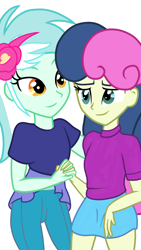 Size: 1080x1920 | Tagged: safe, artist:sallyso, bon bon, lyra heartstrings, sweetie drops, equestria girls, g4, clothes, female, holding hands, jeans, lesbian, pants, ship:lyrabon, shipping, shirt, simple background, skirt, sweater, t-shirt, white background