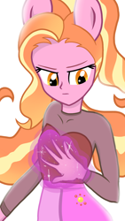 Size: 1080x1920 | Tagged: safe, artist:sallyso, luster dawn, equestria girls, g4, alternate hairstyle, clothes, equestria girls-ified, female, glowing hands, magic, ponied up, shirt, simple background, skirt, solo, white background