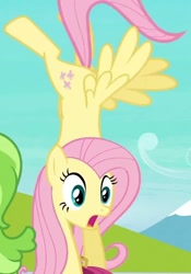 Size: 504x720 | Tagged: safe, screencap, chickadee, fluttershy, ms. peachbottom, pegasus, pony, g4, games ponies play, season 3, cropped, female, handstand, mare, shocked, solo, twilight eyes, upside down