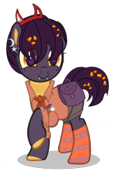 Size: 1625x2449 | Tagged: safe, artist:meimisuki, artist:rukemon, oc, oc only, oc:tricky treat, bat, dracony, dragon, ghost, hybrid, pony, undead, bag, base used, candy, candy corn, clothes, commission, ear piercing, earring, fangs, female, food, hairband, jewelry, mare, piercing, pumpkin, raised hoof, saddle bag, shirt, shorts, simple background, solo, transparent background