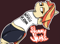 Size: 1189x877 | Tagged: safe, artist:pinkberry, shimmy shake, earth pony, pony, g4, clothes, female, gym shorts, mare, shirt, shorts, simple background, solo, t-shirt, text, tight clothing