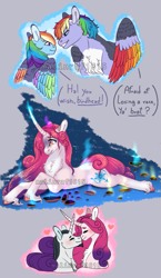 Size: 607x1050 | Tagged: safe, artist:malinraf1615, chancellor neighsay, princess amore, rainbow blaze, rainbow dash, pegasus, pony, unicorn, g4, alternate hairstyle, blushing, brother and sister, chest fluff, crying, curved horn, eyes closed, female, glowing horn, headcanon, heart, heterochromia, horn, leg fluff, magic, male, mare, markings, neighamore, redesign, sad, shipping, siblings, stallion, straight, unshorn fetlocks