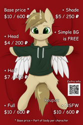 Size: 2000x3000 | Tagged: safe, artist:keupoz, oc, oc only, alicorn, pony, advertisement, alicorn oc, clothes, commission info, high res, hoodie, horn, qr code, text, wings