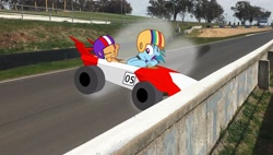 Size: 1280x728 | Tagged: safe, artist:didgereethebrony, rainbow dash, scootaloo, pegasus, pony, g4, the cart before the ponies, australia, bathurst, brock's skyline, crash, imminent crash, irl, mlp in australia, motorsport, mount panorama, mount panorama circuit, peter brock, photo, ponies in real life, race track, smoke, this will not end well, tire smoke, trace