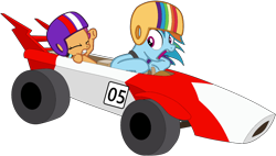 Size: 1280x726 | Tagged: safe, artist:didgereethebrony, rainbow dash, scootaloo, pegasus, pony, g4, the cart before the ponies, cart, duo, duo female, female, filly, helmet, peter brock, simple background, trace, transparent background, tribute