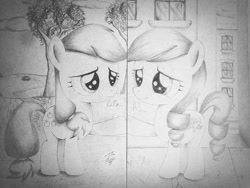 Size: 1024x769 | Tagged: safe, artist:theasce, applejack, coloratura, g4, the mane attraction, apple, apple tree, black and white, female, filly, grayscale, monochrome, traditional art, tree, younger