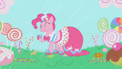 Size: 1280x720 | Tagged: safe, screencap, pinkie pie, earth pony, pony, g4, suited for success, candy, clothes, cute, diapinkes, dress, eating, female, food, gala dress, lollipop, mare, puffy cheeks