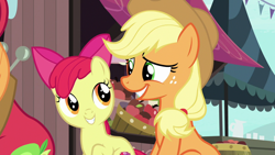 Size: 1280x720 | Tagged: safe, screencap, apple bloom, applejack, big macintosh, earth pony, pony, g4, the perfect pear, cowboy hat, female, filly, hat, male, mare, smiling, stallion, stetson