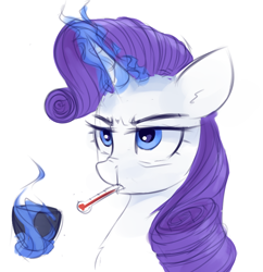 Size: 668x691 | Tagged: safe, artist:some_ponu, rarity, pony, unicorn, g4, backwards thermometer, cup, female, sick, simple background, solo, thermometer, white background