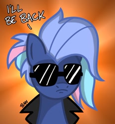 Size: 860x927 | Tagged: safe, artist:banquo0, oc, oc only, oc:bit rate, earth pony, pony, gradient background, i'll be back, ponyfest online, reference, solo, sunglasses, terminator, text