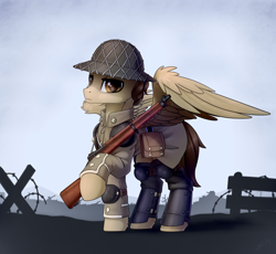 Size: 4000x3681 | Tagged: safe, artist:dipfanken, oc, oc only, pegasus, pony, barbed wire, clothes, gun, helmet, high res, military uniform, rifle, solo, uniform, weapon