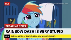 Size: 717x402 | Tagged: safe, edit, edited screencap, screencap, rainbow dash, pegasus, pony, g4, parental glideance, season 7, abuse, break your own news, breaking news, crying, dashabuse, faic, female, go to sleep wind rider, lip bite, mare, meme, op is a duck, op is trying to start shit, poor rainbow dash, sad, solo, stupid, text, trying too hard