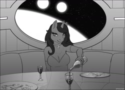 Size: 1280x924 | Tagged: safe, artist:emikochan, princess luna, alicorn, anthro, alcohol, breasts, busty princess luna, clothes, collar, couch, detailed background, digital art, dinner, dress, female, furniture, glass, gloves, grayscale, horn, jewelry, long gloves, looking at you, mare, monochrome, necklace, offscreen character, plate, pouring, pov, sitting, smiling, smiling at you, solo, space, spaceship, stars, table, utensil, wine, wine bottle, wine glass