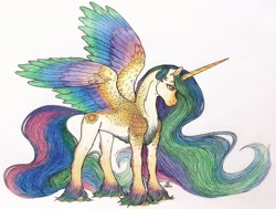 Size: 1280x967 | Tagged: safe, artist:bloodyblackquiet, princess celestia, alicorn, pony, g4, chest fluff, colored wings, female, mare, multicolored wings, simple background, solo, traditional art, unshorn fetlocks, white background, wings