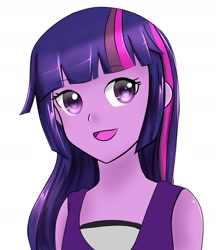 Size: 1848x2143 | Tagged: dead source, safe, artist:tealhikari, twilight sparkle, equestria girls, g4, bust, female, open mouth, procreate, request, simple background, smiling, solo, white background