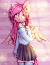Size: 2000x2600 | Tagged: safe, artist:zefirka, oc, oc only, pegasus, semi-anthro, arm hooves, clothes, female, high res, not fluttershy, not scootaloo, pegasus oc, skirt, socks, solo, sweater, thigh highs, wings