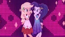 Size: 640x360 | Tagged: safe, screencap, applejack, rarity, human, equestria girls, g4, i'm on a yacht, my little pony equestria girls: better together, armband, bare shoulders, clothes, cruise outfit, dancing, dress, female, hatless, looking at each other, looking at someone, missing accessory, sleeveless, smiling, smiling at each other