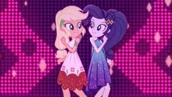 Size: 640x360 | Tagged: safe, screencap, applejack, rarity, human, equestria girls, g4, i'm on a yacht, my little pony equestria girls: better together, armband, bare shoulders, clothes, cruise concert outfit, cruise outfit, dancing, dress, female, hatless, looking at each other, looking at someone, missing accessory, sleeveless, smiling, smiling at each other