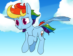 Size: 1400x1085 | Tagged: safe, artist:dacaoo, rainbow dash, pegasus, pony, g4, cloud, feathered wings, female, flying, looking forward, mare, sky, solo, spread wings, wings